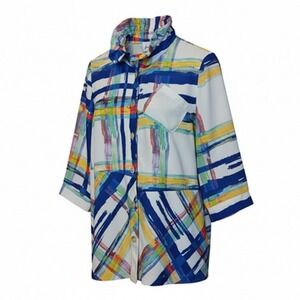 Joseph Ribkoff Tunic Shirt Womens 12 Multicolor Plaid Ruffle Collar 3/4 Sleeve